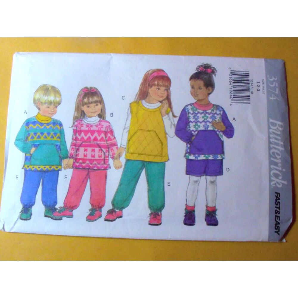 Butterick 3574  Unisex Child's Top Size (1, 2, 3)  FF  1994